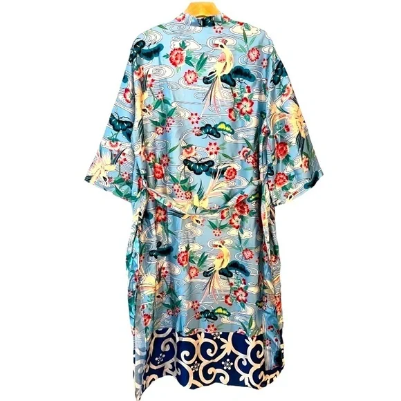 ZARA Floral Bird Tropical Belted Silky Kimono Shirt Dress/Kaftan Size XL NEW